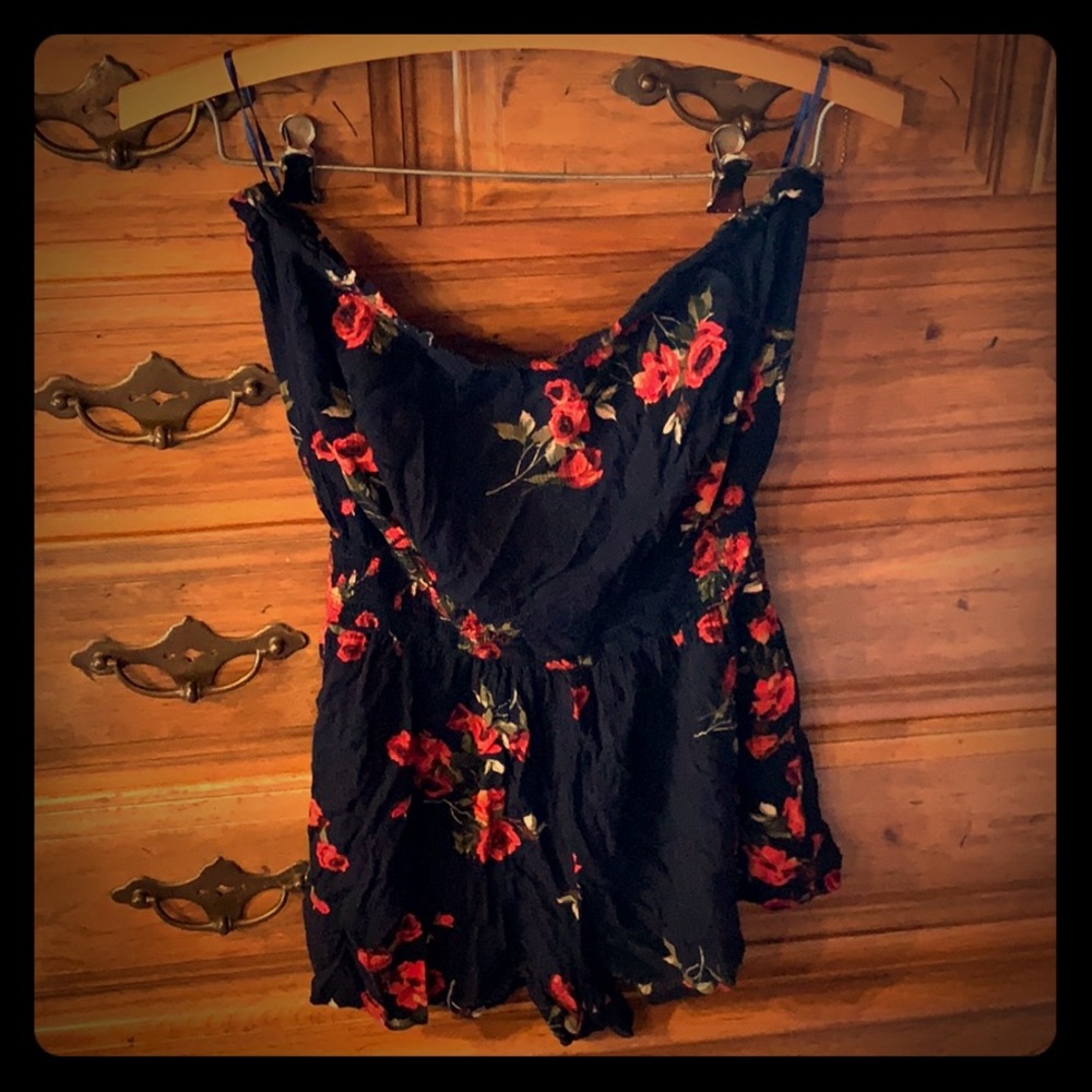 Short Navy Blue Red Roses Romper